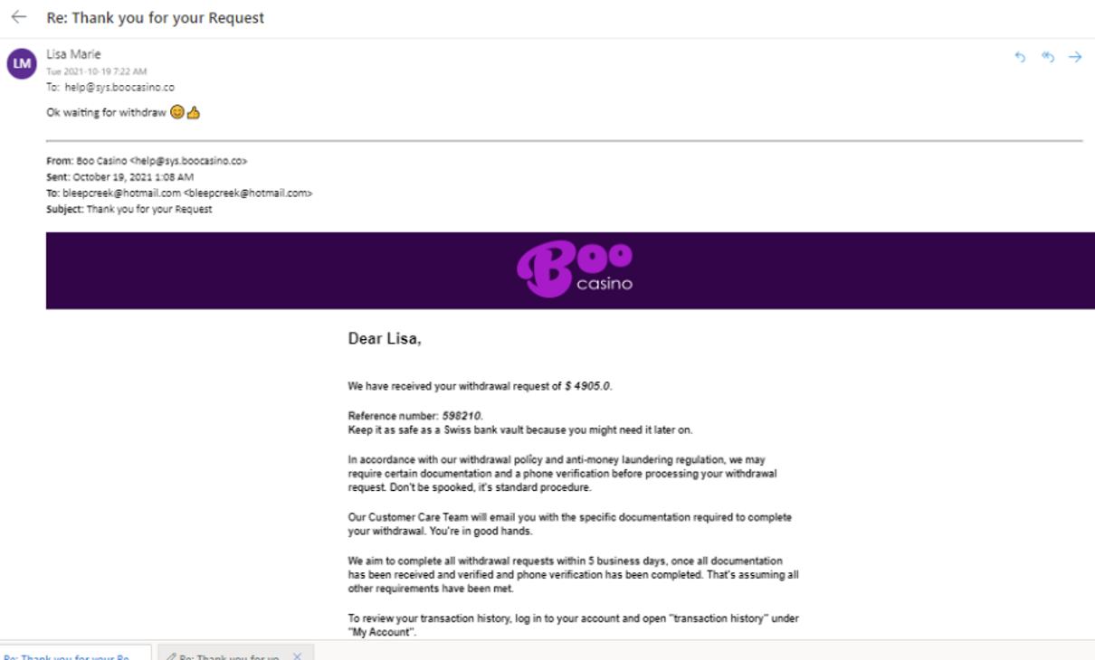 Complaint-review: Boo Casino - Denying my winnoings. Photo #1